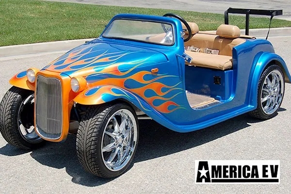 Blue California Roadster with Orange Flames affordable golf cart rental, golf cart rent miami