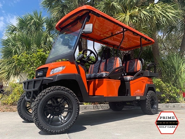 Orange Bintelli Beyond 6 Passenger Lifted Golf Cart affordable golf cart rental, golf cart rent miami