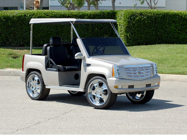 Silver Escalade Golf Cart With Roof and Custom Wheels affordable golf cart rental, golf cart rent miami