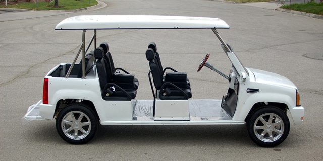 White Escalade Limo Golf Cart affordable golf cart rental, golf cart rent miami