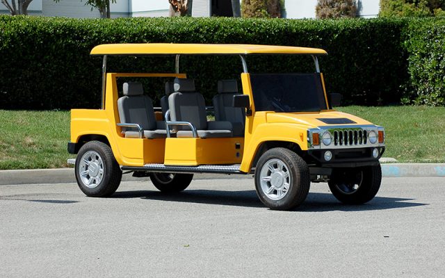 Yellow Hummer Limo Golf Cart affordable golf cart rental, golf cart rent miami